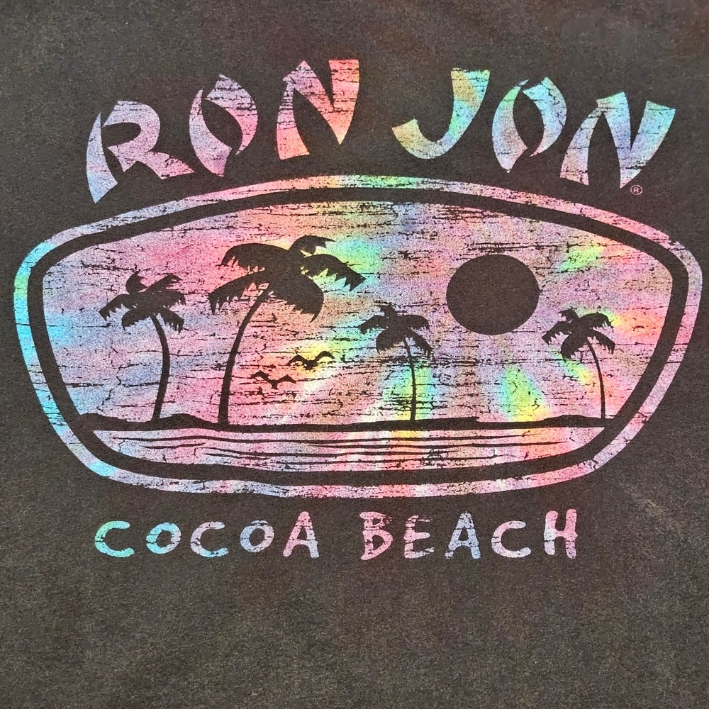 Ron Jon Surf Shop T-Shirt Mens Large Black Cocoa Beach Iridescent Graphic Tee